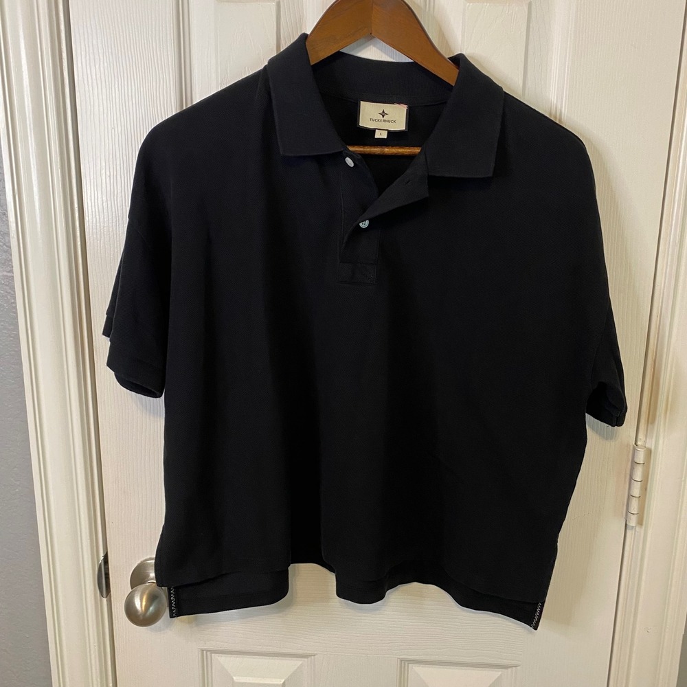 Tuckernuck Women Black Cotton Pique Holmes Boyfriend Polo Cropped Shirt Large